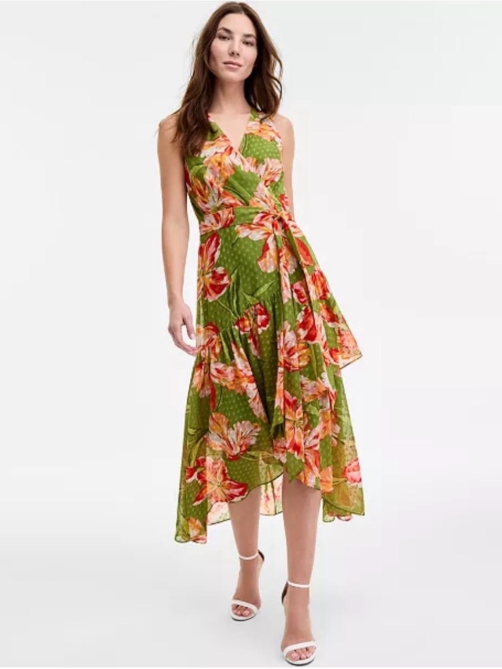 Anne Klein Size 10 Women's Floral-Print High-Low Faux-Wrap Dress (missing belt)